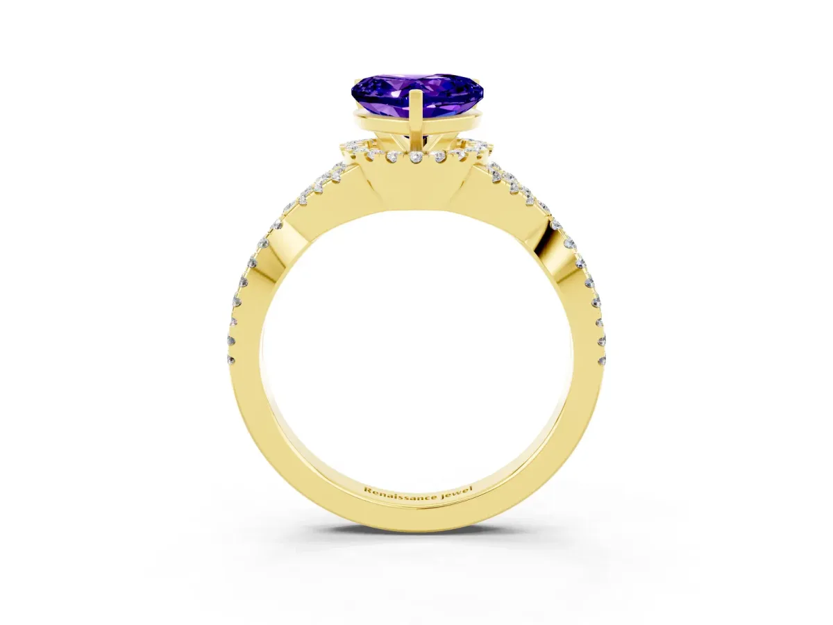 Heart Cut Tanzanite Halo Twist Band Solitaire Prong Setting Ring Yellow gold