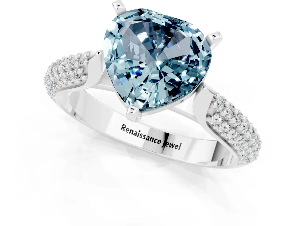 Heart Cut Aquamarine Solitaire Engagement Ring with Multi-Row Round Pavé Band and Prong Setting Platinum