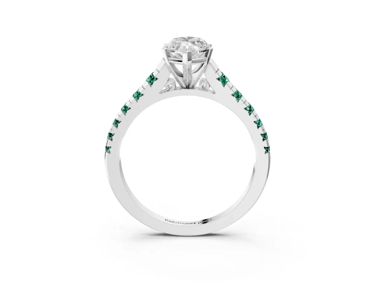 Marquise Cut Diamond Cathedral Solitaire Ring with Round Green Sapphire Pavé Band White gold