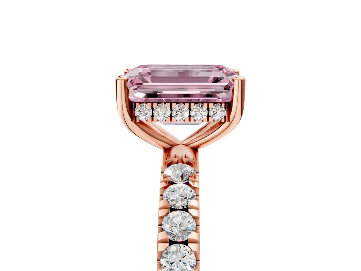 Fancy Pink Emerald Cut Diamond Pave Band Solitaire Ring with Round and Prong Setting Rose gold