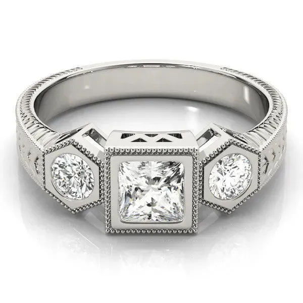 Bezel-Set Princess and Round Cut Milgrain Band Ring Silver