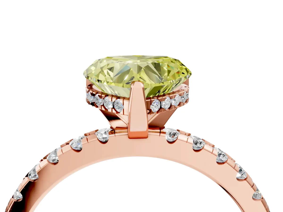 Fancy Yellow Heart Cut Diamond Solitaire Ring with Round Pavé Band and Four-Prong Setting Rose gold