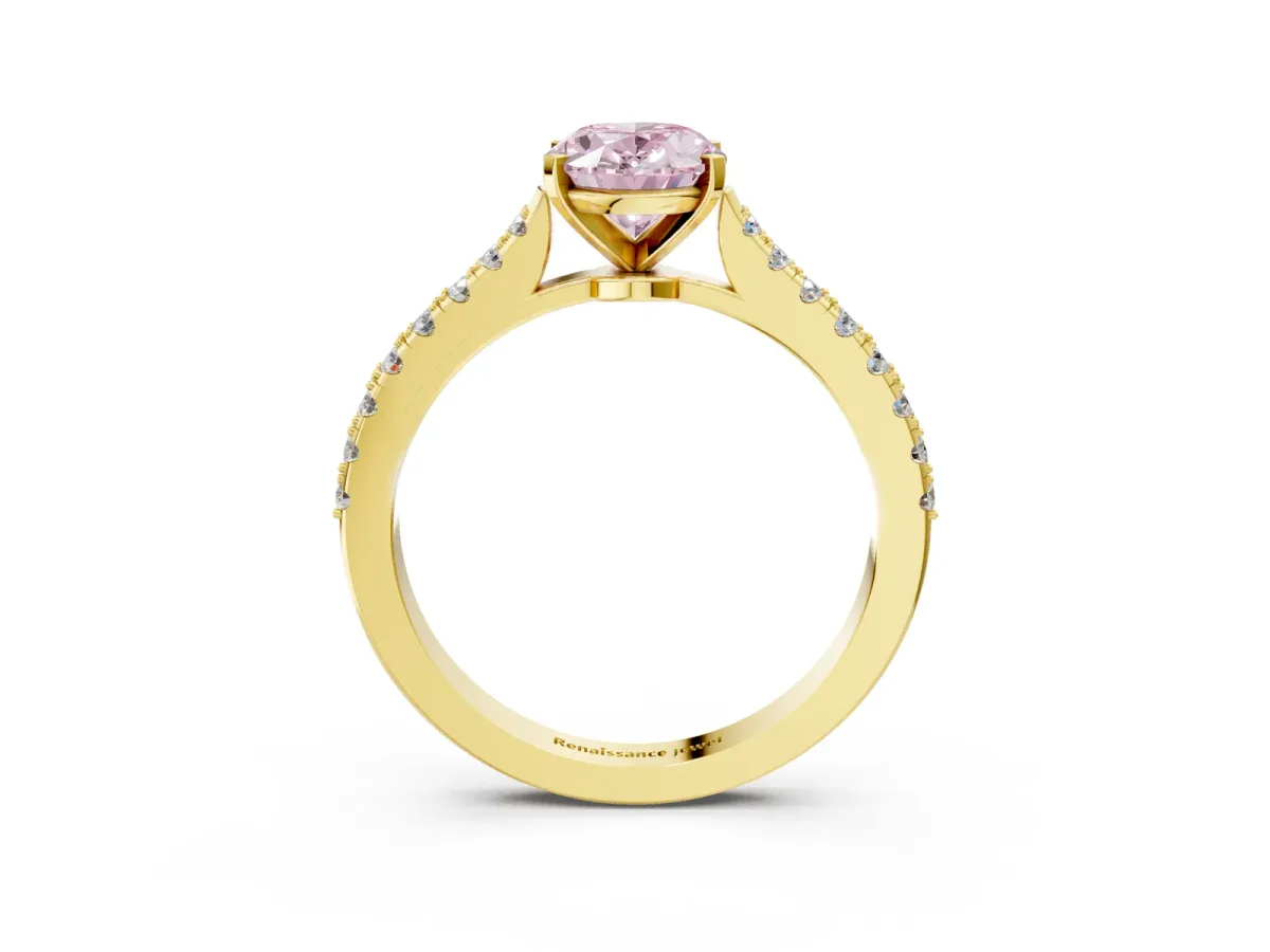 Fancy Pink Oval Cut Cut Solitaire Diamond Engagement Ring with Pave Band and Four-Prong Setting Yellow gold