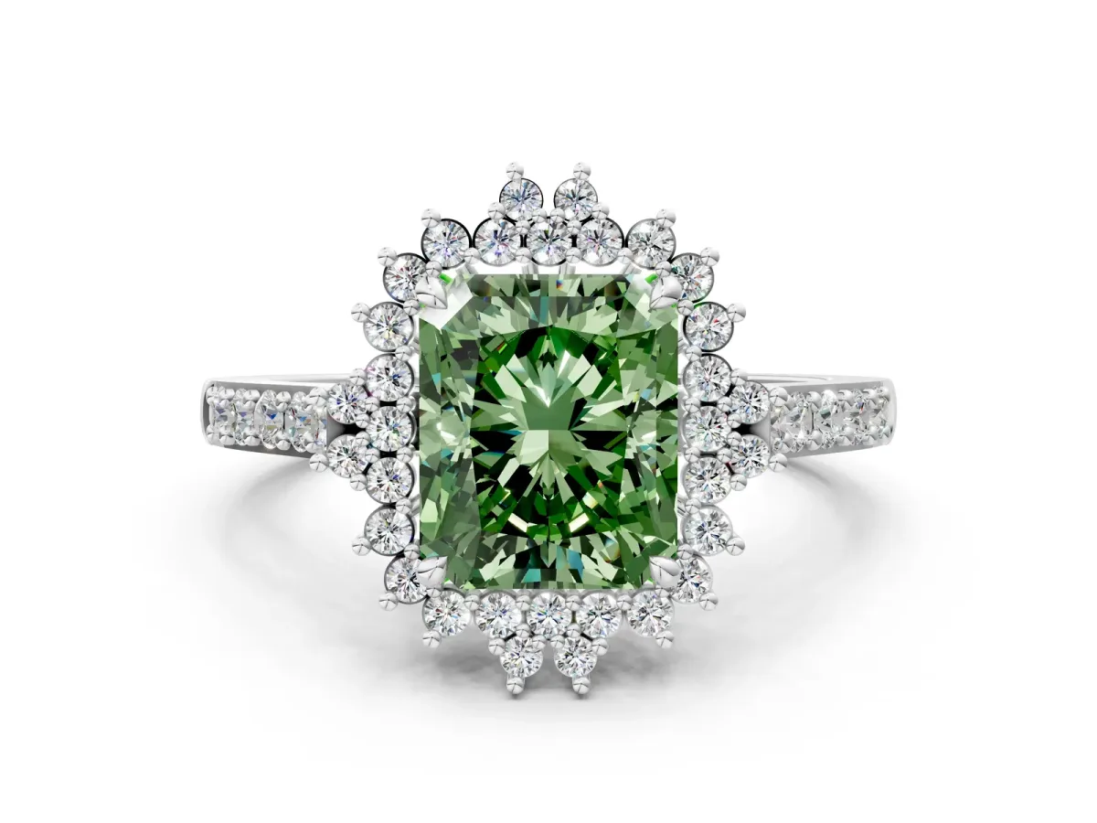 Fancy Green Radiant Cut Cut Diamond Sunburst Halo Engagement Ring with Pavé Band Platinum