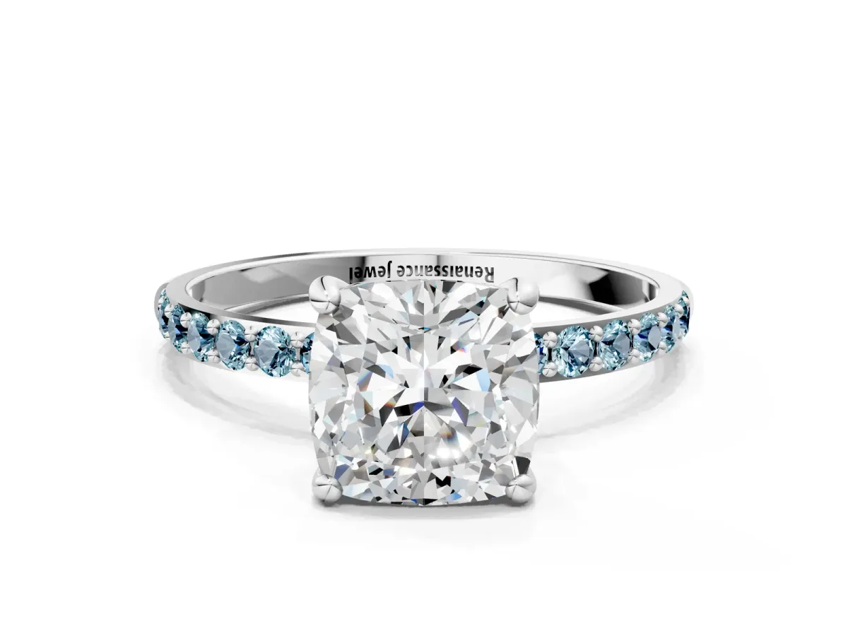 Cushion Cut Diamond Solitaire Ring with Round Aquamarine Pavé Band and Prong Setting White gold
