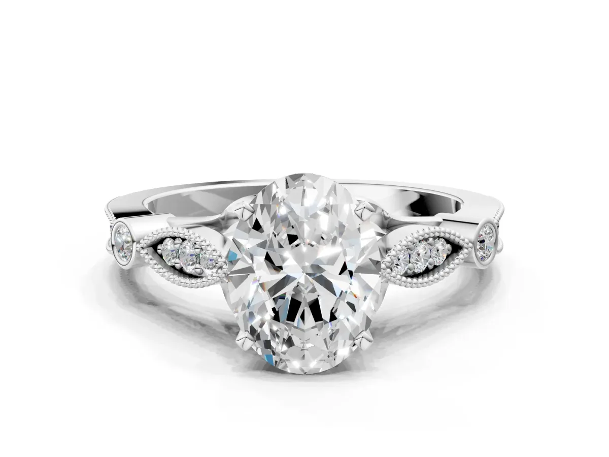 Oval Cut Cut Diamond with Milgrain Marquise and Bezel Accents on a Solitaire Band with Prong Setting Silver