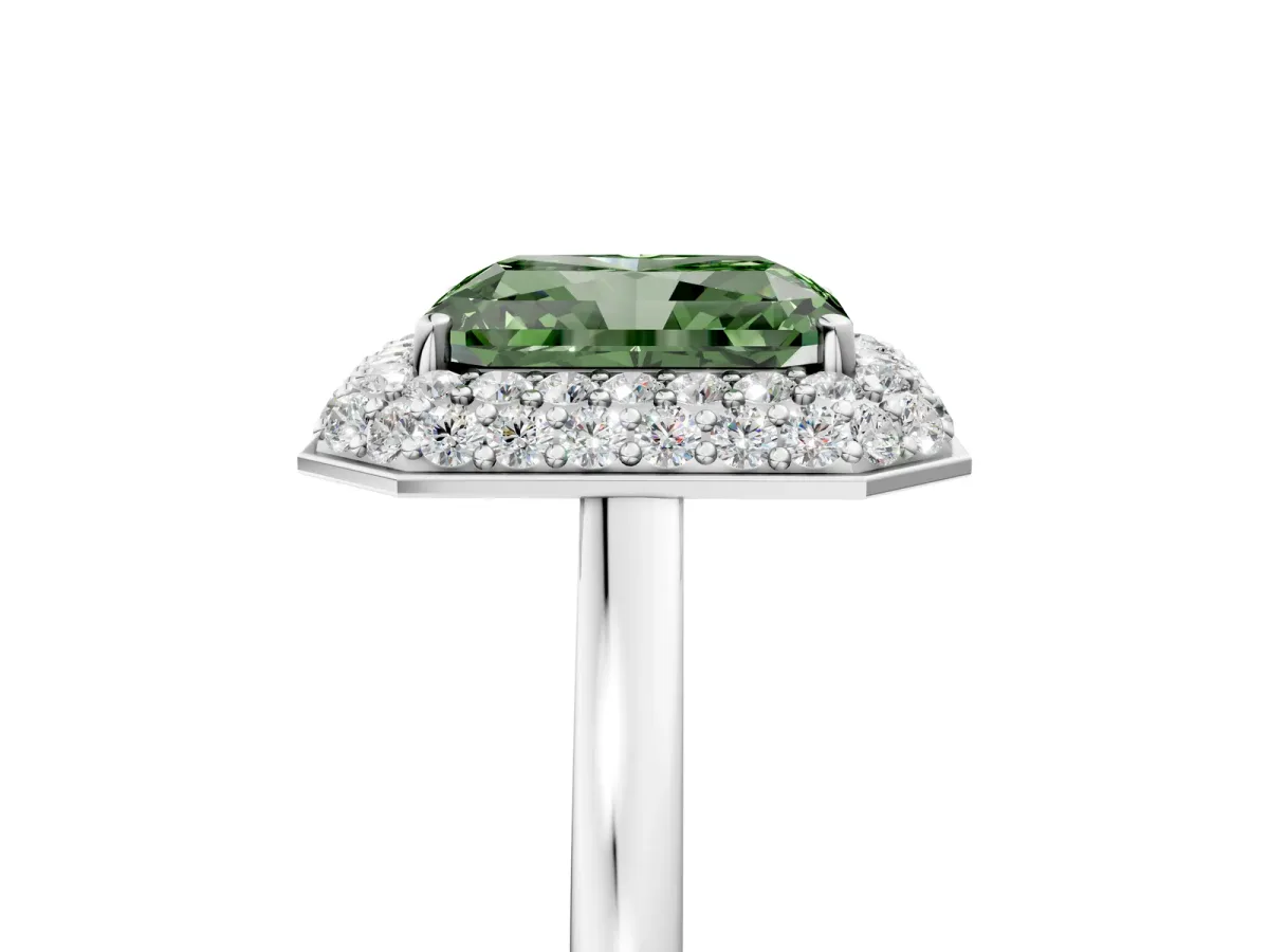 Fancy Green Radiant Cut Halo Diamond Engagement Ring with Solitaire Band and Four-Prong Setting Platinum