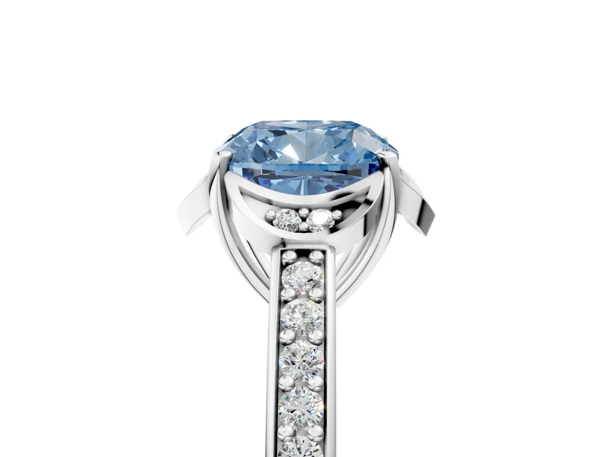 Fancy Blue Cushion Cut Cut Halo Diamond Ring with Channel Set Band and Four-Prong Setting White gold