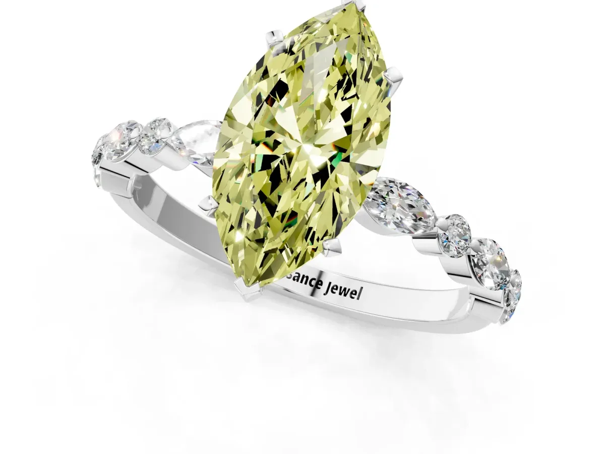 Fancy Yellow Marquise Cut Diamond Ring with Marquise and Round Side Stones and Four-Prong Setting White gold