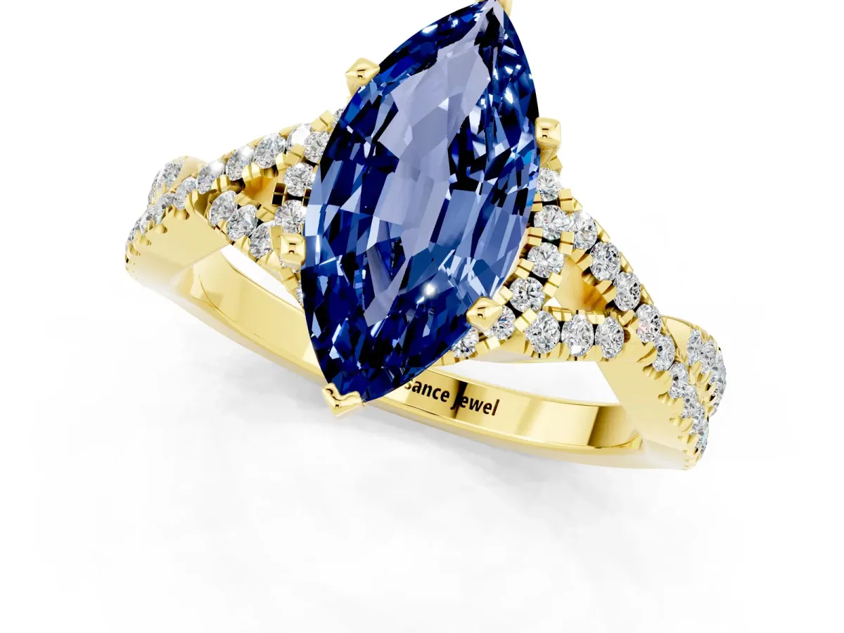 Marquise Cut Blue Sapphire Halo Twist Band Solitaire Prong Setting Ring Yellow gold