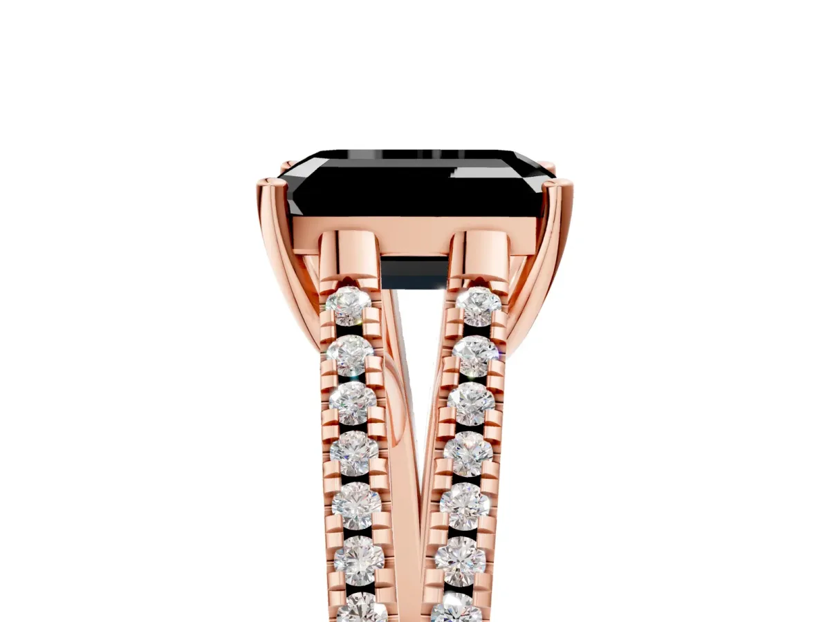 Fancy Black Emerald Cut Diamond Solitaire Engagement Ring with Split Shank Pavé Band Rose gold