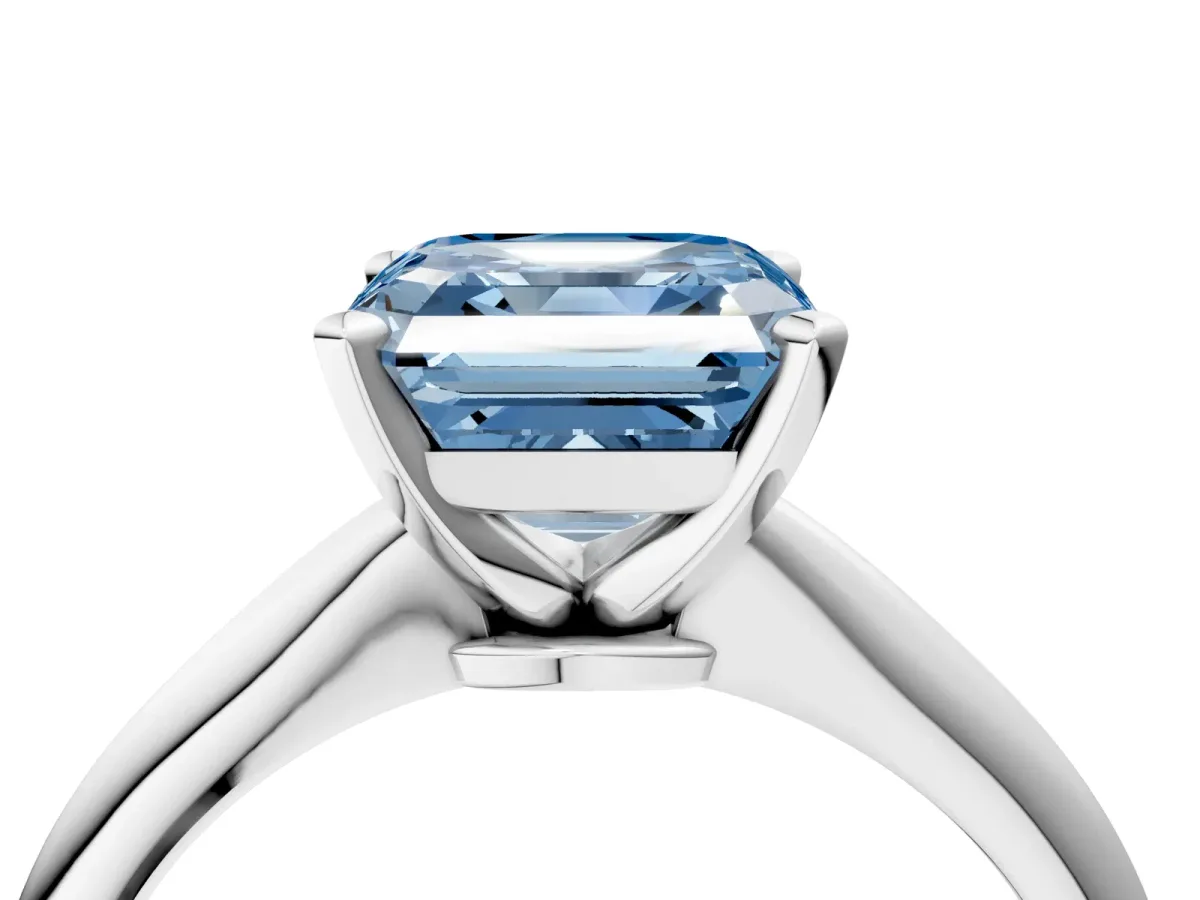 Fancy Blue Asscher Cut Diamond Solitaire Engagement Ring with Classic Band and Four-Prong Setting Silver