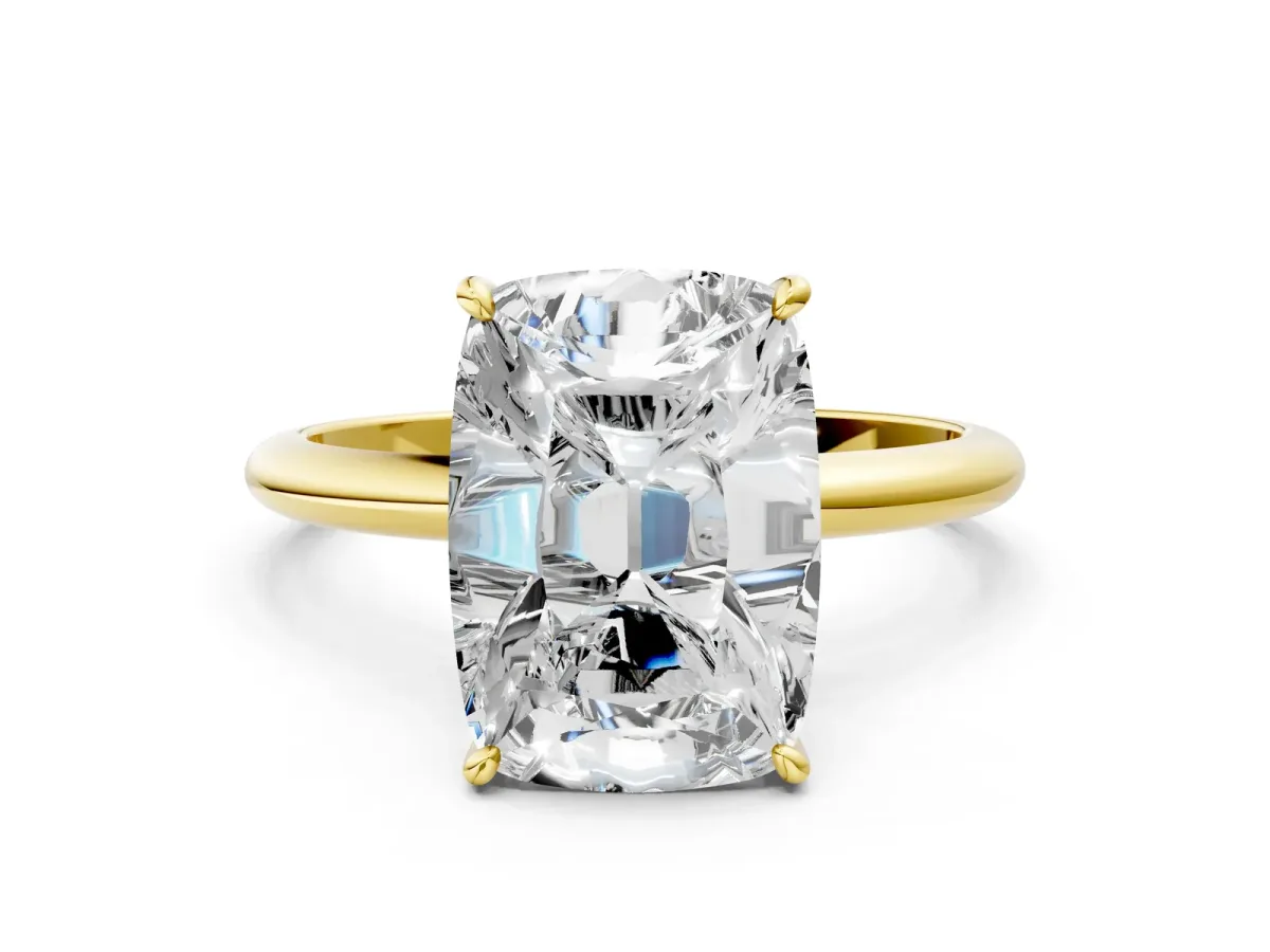 Old Mine Elongated Cushion Diamond Classic Band Four Prong Solitaire Ring Yellow gold
