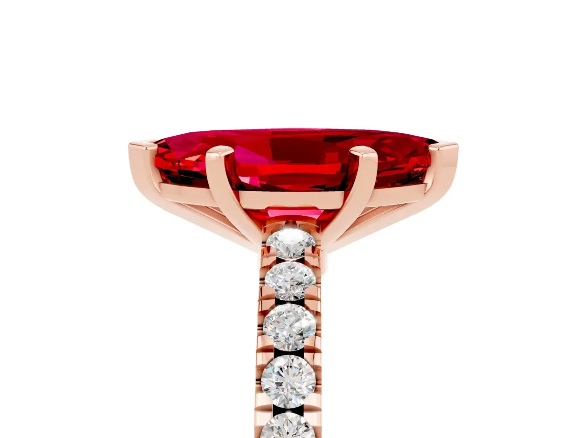 Marquise Cut Solitaire Ruby with Pavé Band and Four-Prong Setting Rose gold