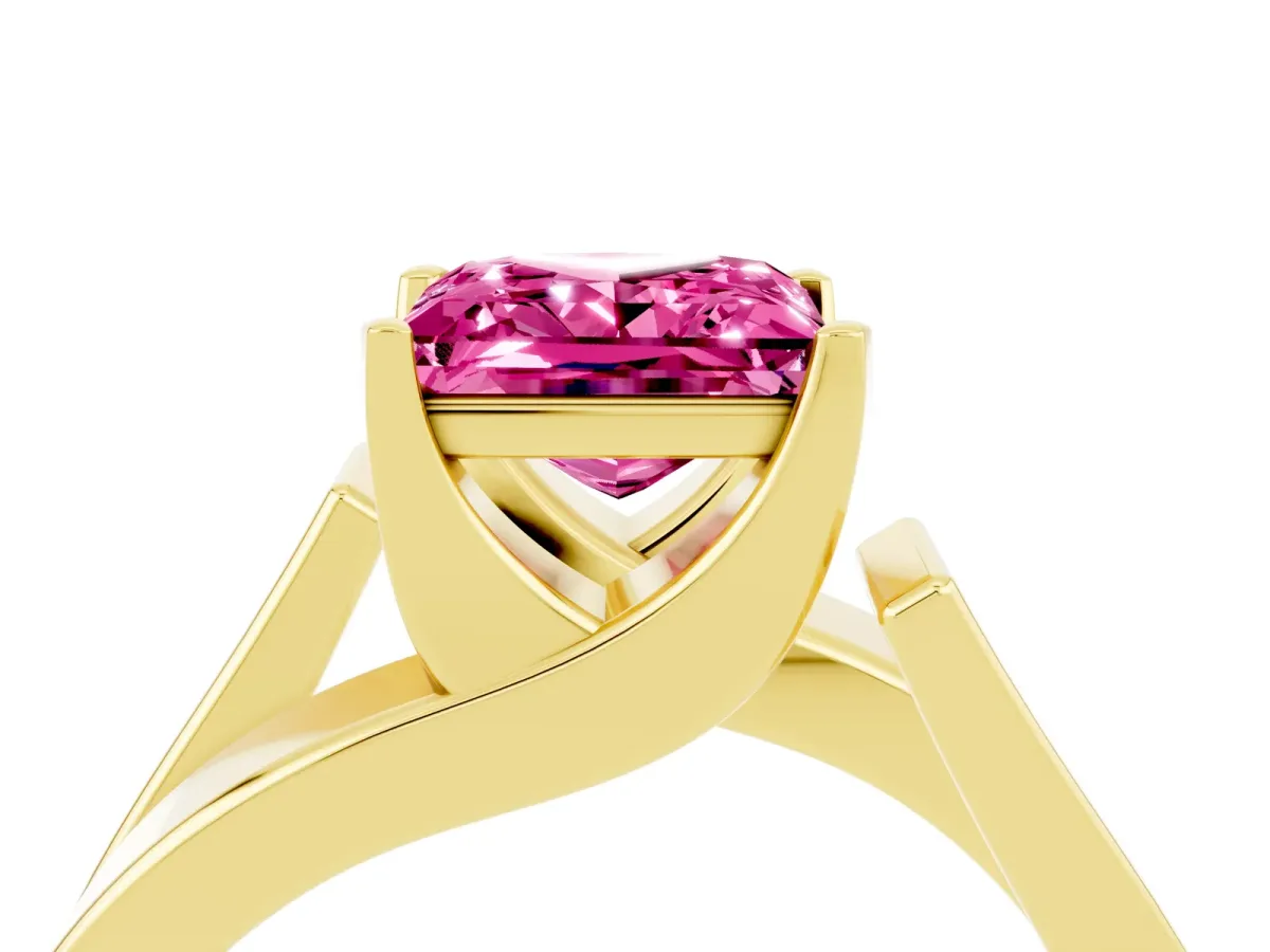 Modern Tension Set Princess Cut Pink Sapphire Solitaire Wide Band Ring Yellow gold
