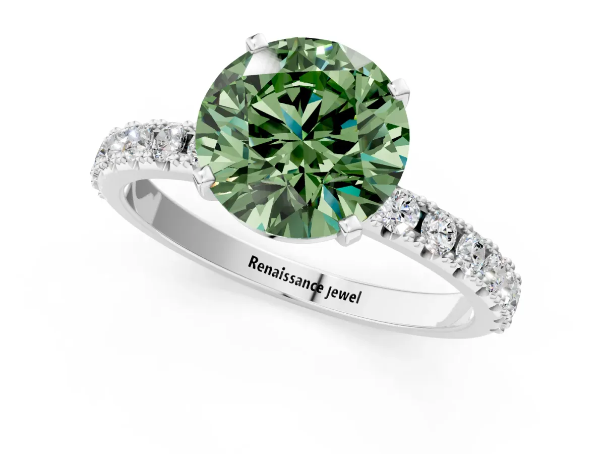 Fancy Green Round Cut Diamond Solitaire Pavé Band with Four-Prong Setting Platinum