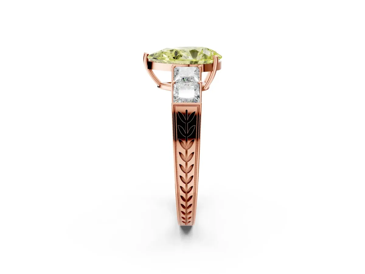 Fancy Yellow Pear Cut Solitaire Princess Side Stone Engraved Band Prong Setting Ring Rose gold