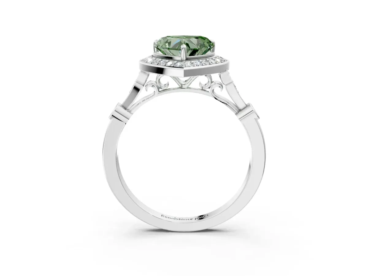 Fancy Green Heart Cut Halo Diamond Engagement Ring with Twisted Band and Four-Prong Setting Platinum