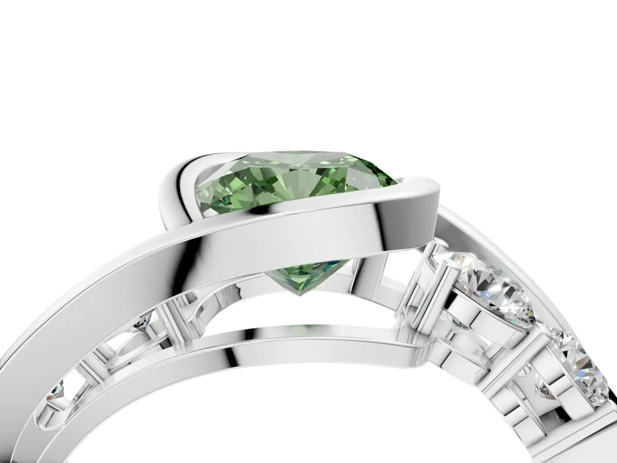 Fancy Green Bezel Set Cushion Cut Diamond Bypass Ring with Round Accents Silver