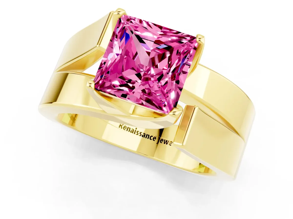 Modern Tension Set Princess Cut Pink Sapphire Solitaire Wide Band Ring Yellow gold