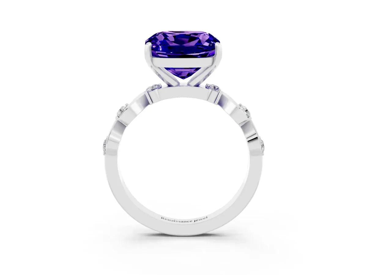 Cushion Cut Tanzanite Solitaire Twisted Band with Round Accents and Prong Setting White gold