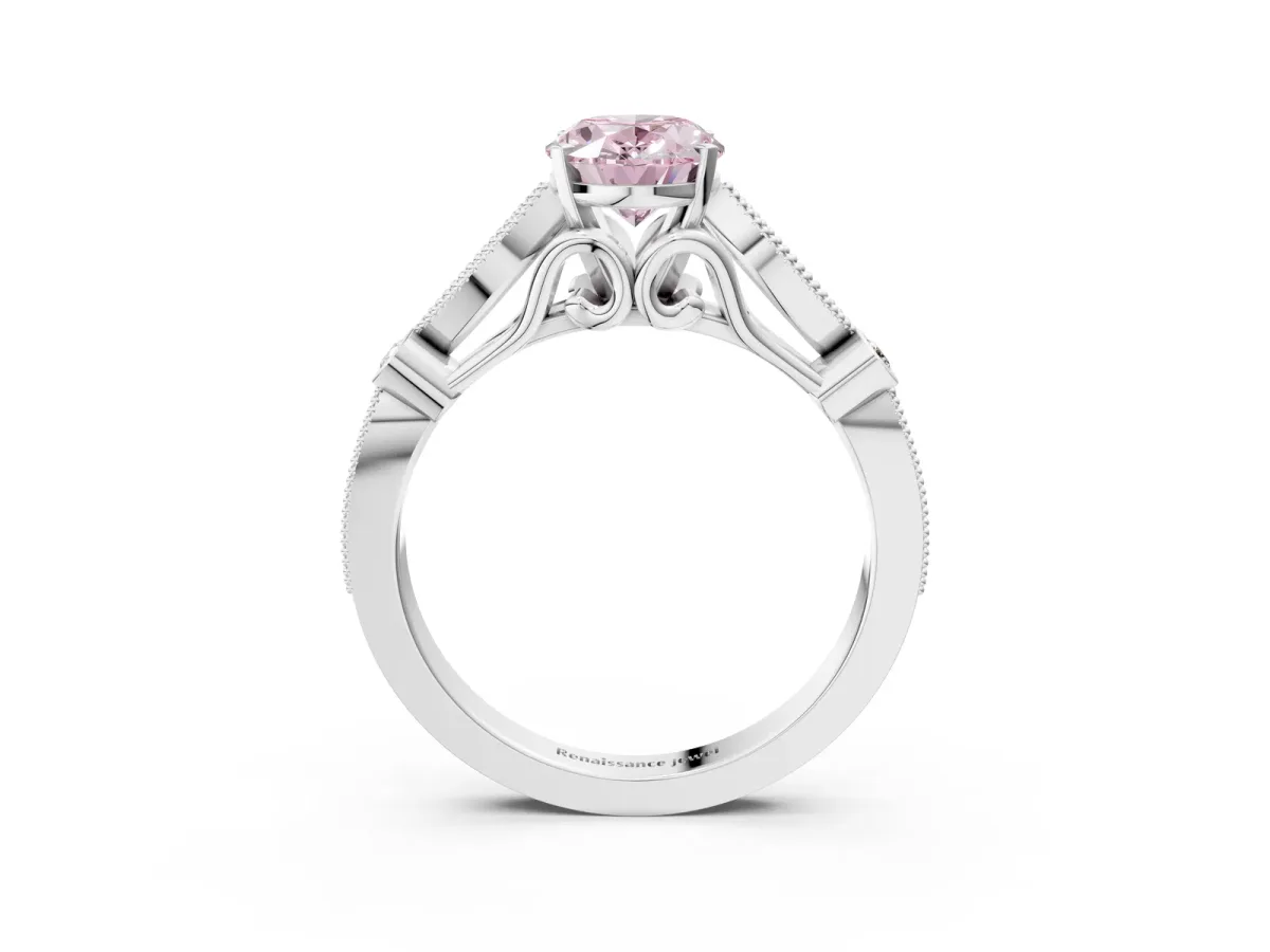 Fancy Pink Oval Cut Cut Diamond with Milgrain Marquise and Bezel Accents on a Solitaire Band with Prong Setting Silver
