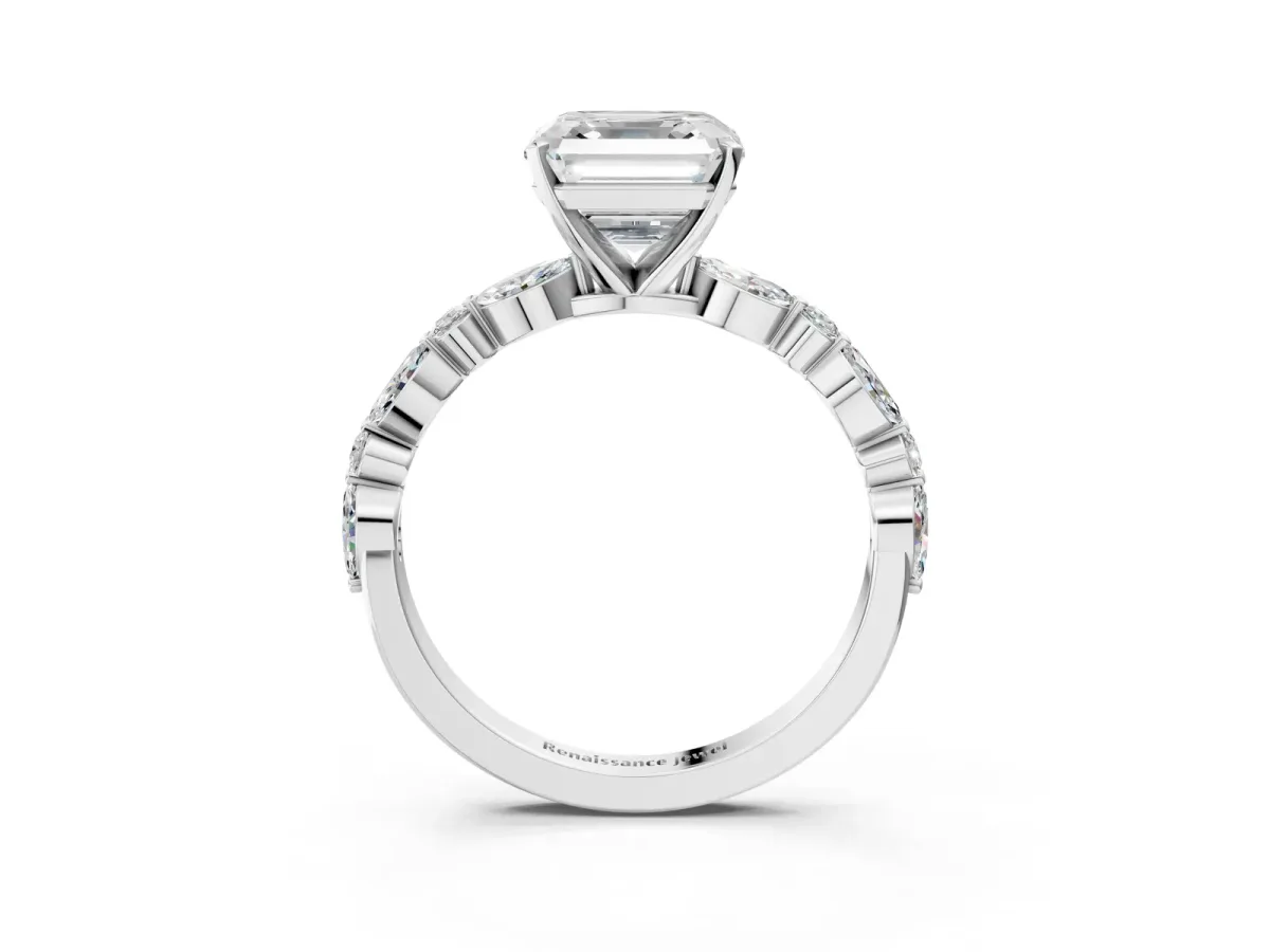Asscher Cut Diamond Ring with Marquise and Round Side Stones and Four-Prong Setting Platinum