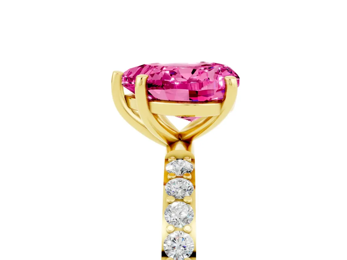 Heart Cut Pink Sapphire Solitaire Ring with Round Pavé Band and Prong Setting Yellow gold