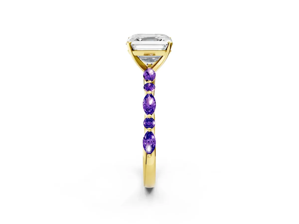 Asscher Cut Diamond Ring with Marquise and Round Tanzanite Side Stones and Four-Prong Setting Yellow gold