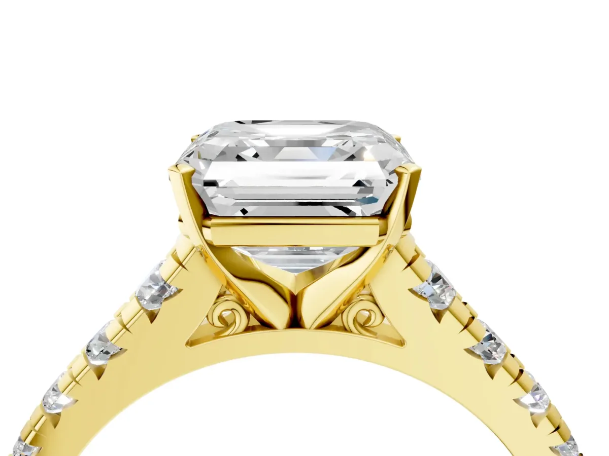 Asscher Cut Diamond Cathedral Solitaire Ring with Round Moissanite Pavé Band Yellow gold