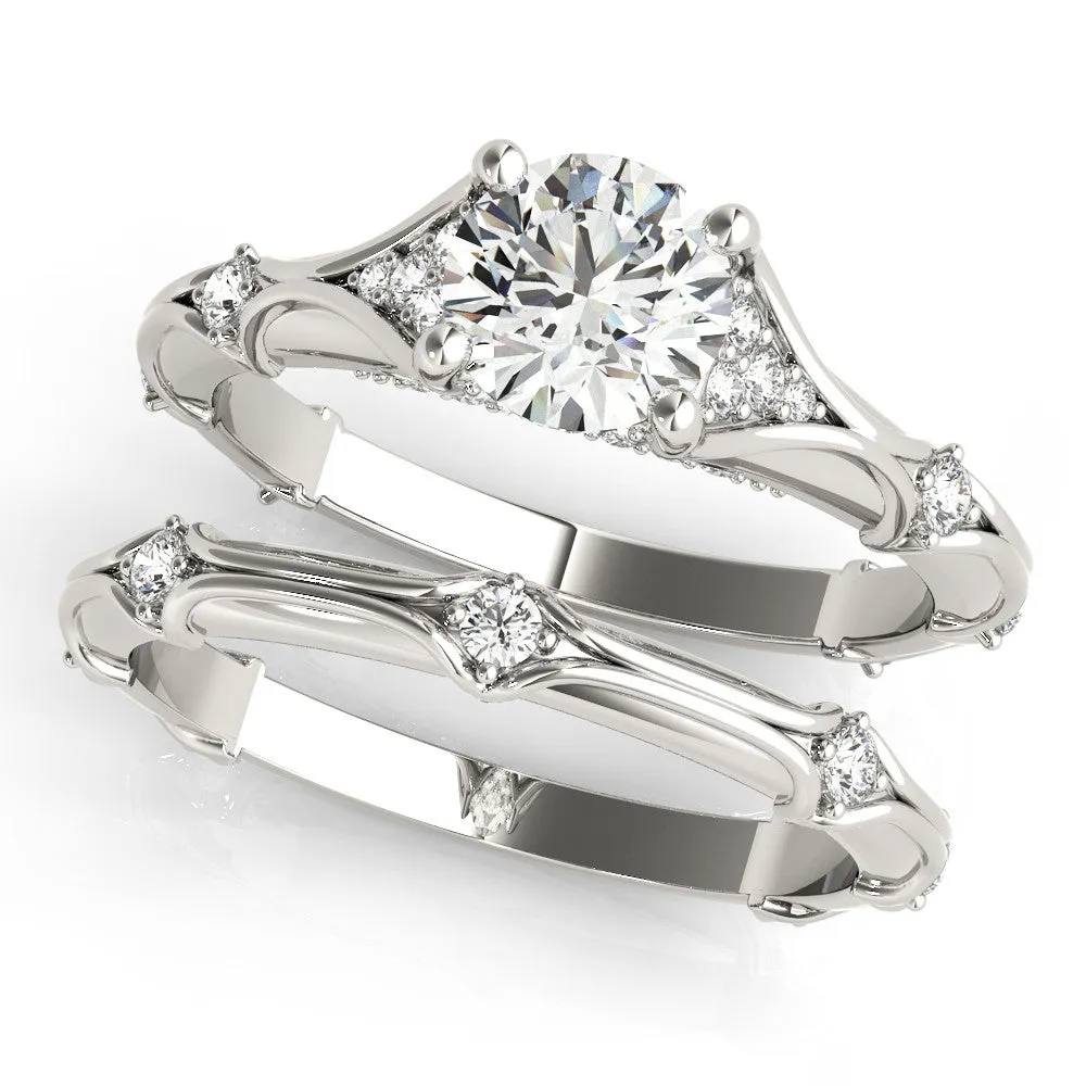 Round Cut Cut Solitaire Engagement Ring with Pave Band and Four-Prong Setting Platinum