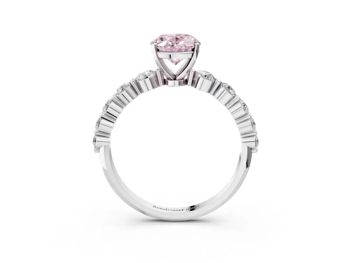 Fancy Pink Oval Cut Solitaire Diamond Ring with Pave Band and Four-Prong Setting Silver