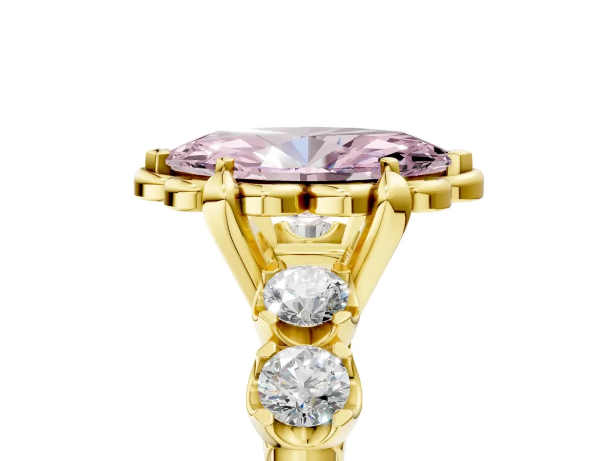 Fancy Pink Marquise Cut Cut Diamond Floral Halo Engagement Ring with Shared Prong Setting Yellow gold