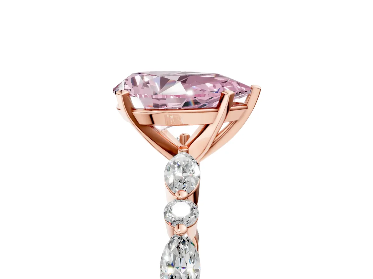 Fancy Pink Pear Cut Diamond Ring with Marquise and Round Side Stones and Four-Prong Setting Rose gold