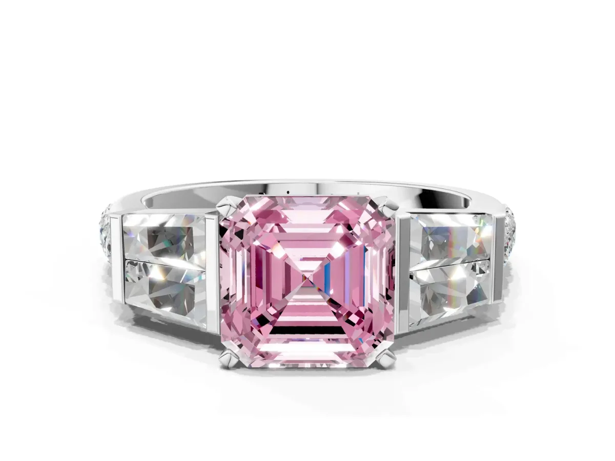 Fancy Pink Asscher Cut Diamond Engagement Ring with Baguette Side Stones and Channel Set Band Platinum