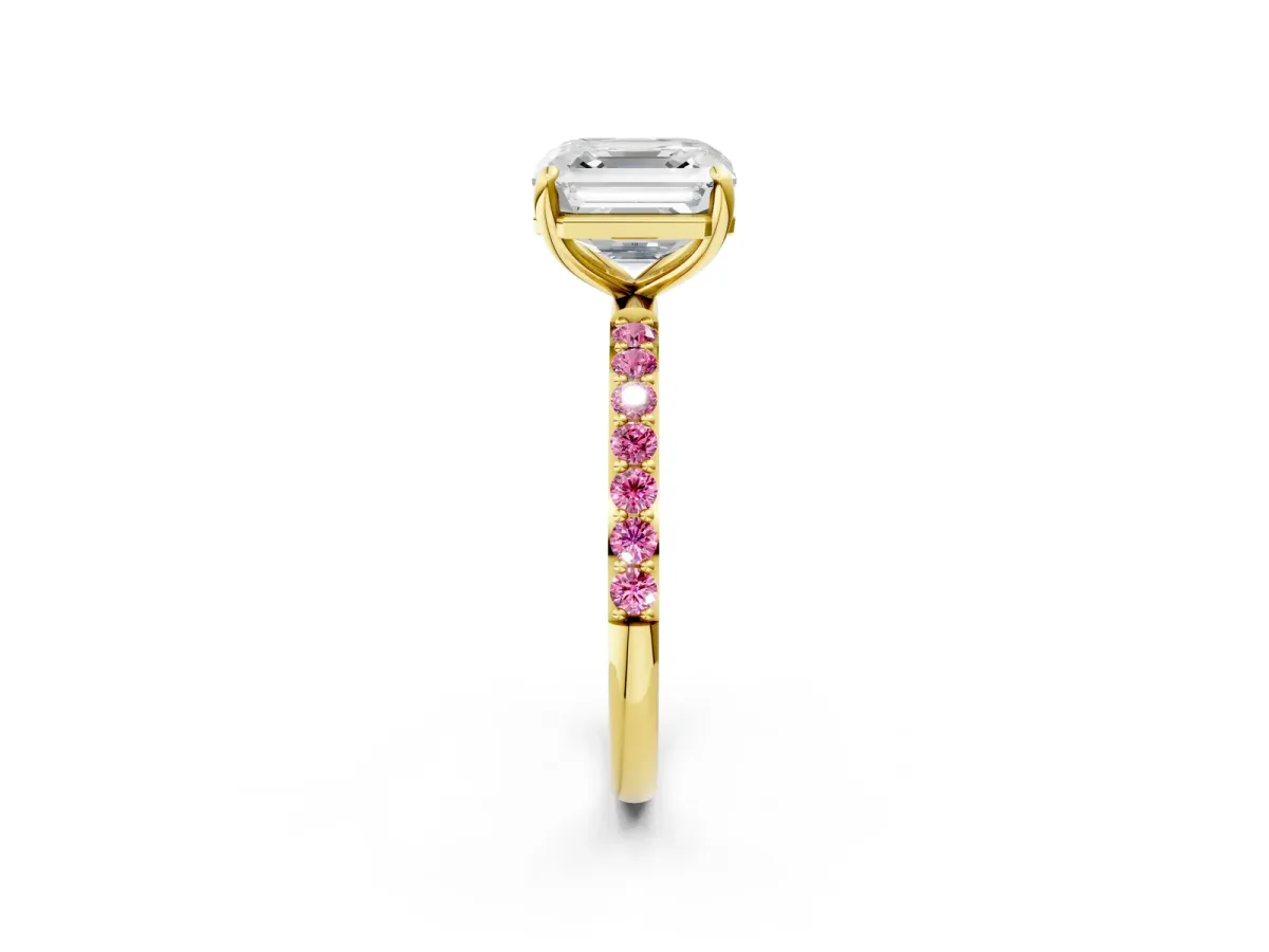 Asscher Cut Diamond Solitaire Ring with Round Pink Sapphire Pavé Band and Prong Setting Yellow gold
