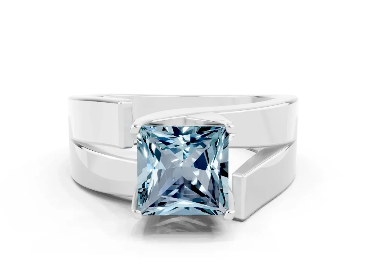 Modern Tension Set Princess Cut Aquamarine Solitaire Wide Band Ring White gold