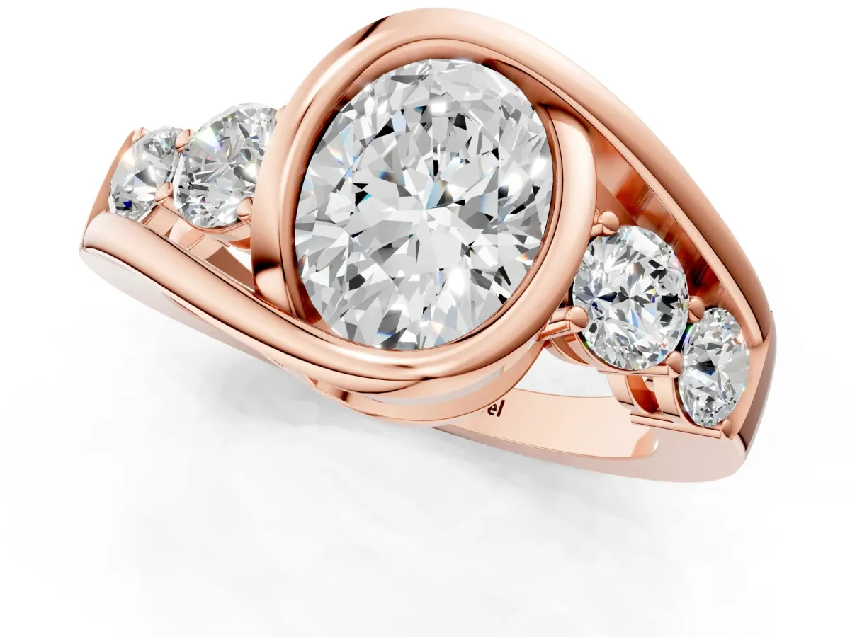 Bezel Set Oval Cut Diamond Bypass Ring with Round Accents Rose gold