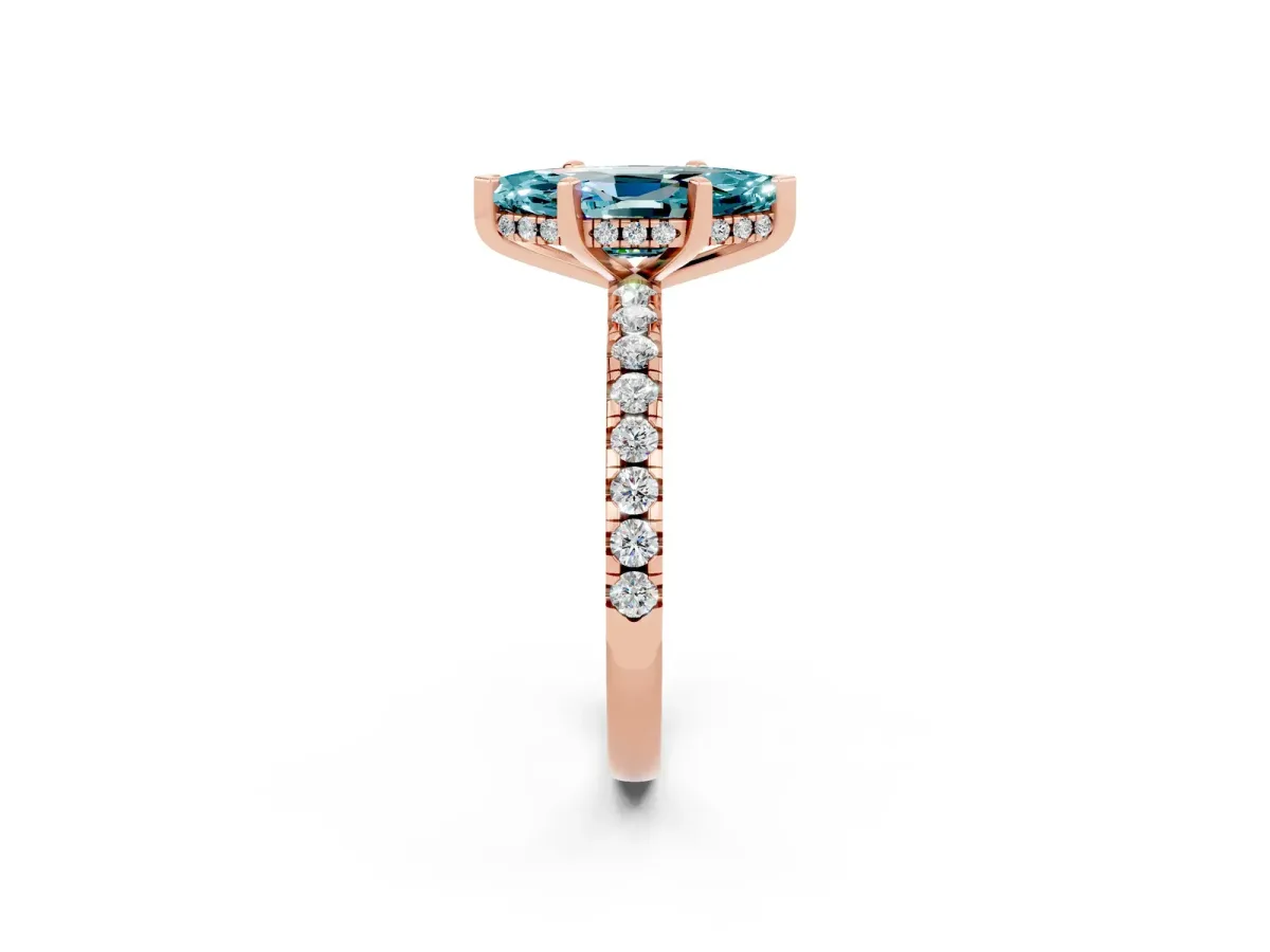 Marquise Cut Blue Topaz Solitaire Ring with Round Pavé Band and Four-Prong Setting Rose gold