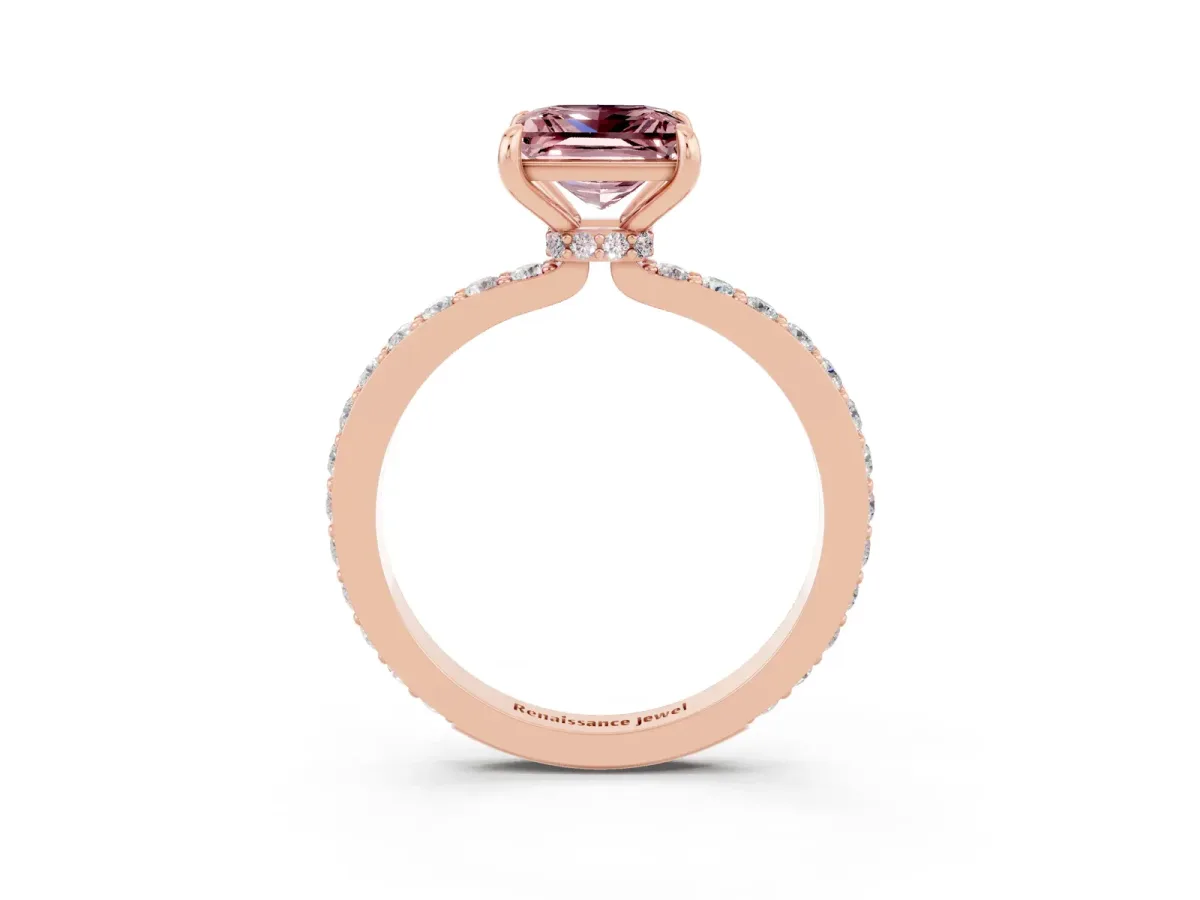 Princess Cut Morganite Solitaire Engagement Ring with Pavé Band and Four-Prong Setting Rose gold