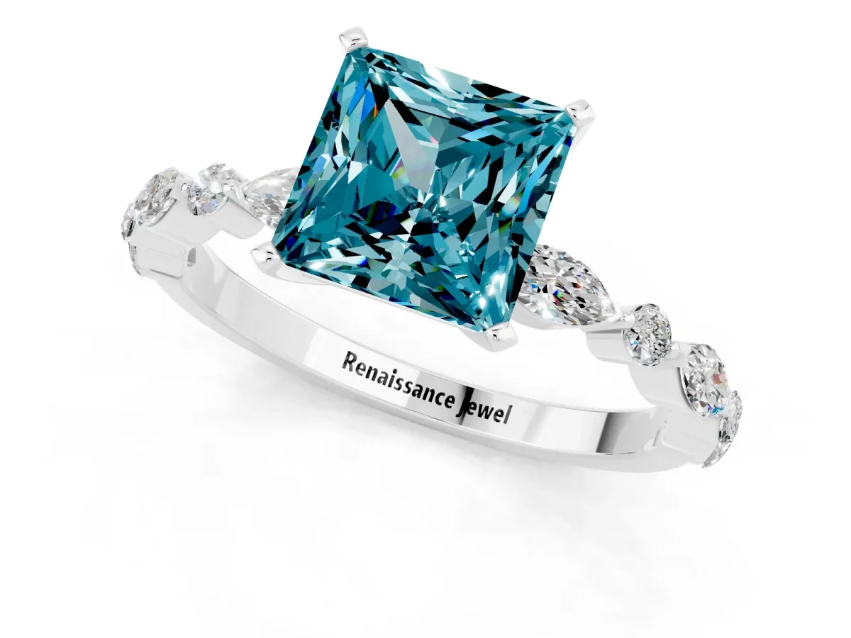Princess Cut Blue Topaz Ring with Marquise and Round Side Stones and Four-Prong Setting White gold