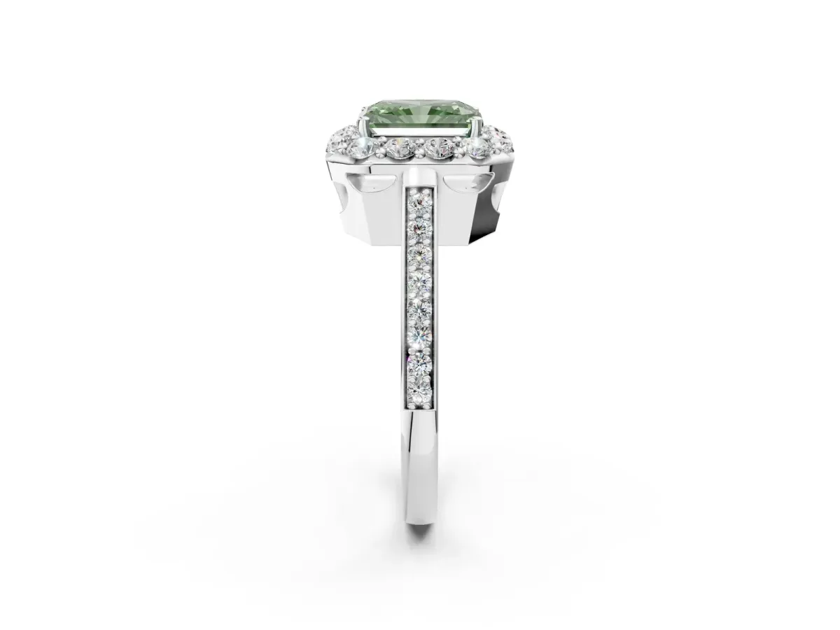 Fancy Green Radiant Cut Diamond Floral Halo Ring with Pavé Band and Prong Setting Platinum