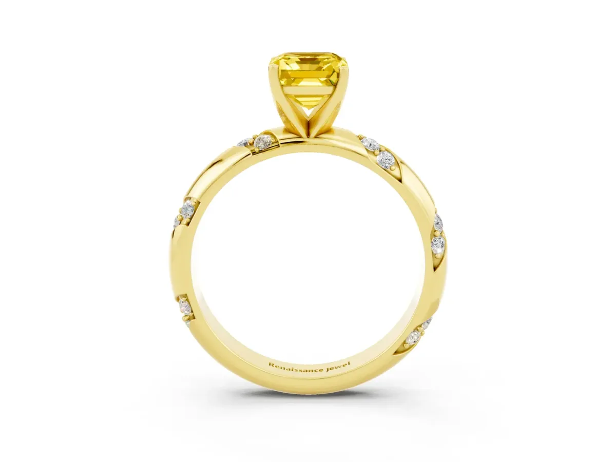 Emerald Cut Yellow Sapphire Solitaire Engagement Ring with Twisted Round Accent Band and Prong Setting Yellow gold