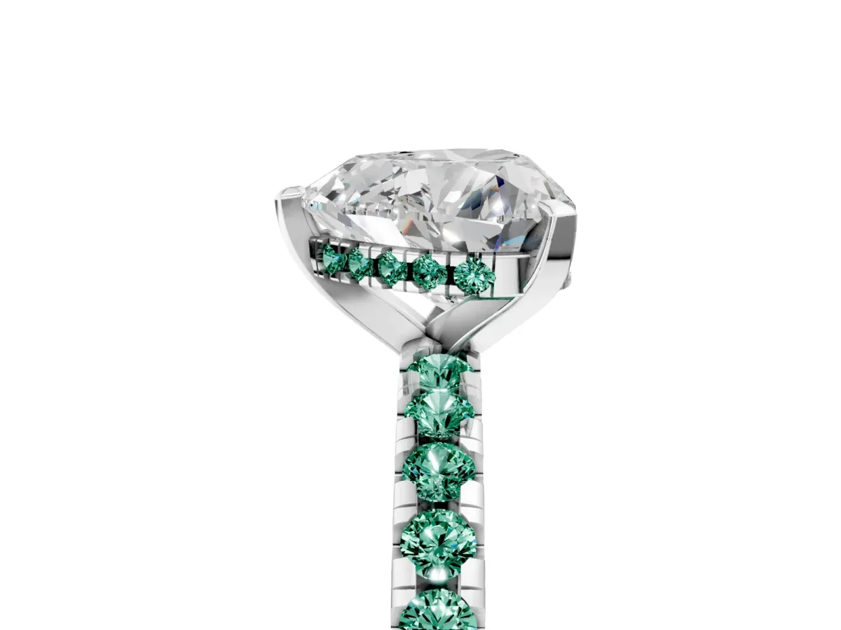 Heart Cut Diamond Solitaire Ring with Round Green Sapphire Pavé Band and Four-Prong Setting White gold