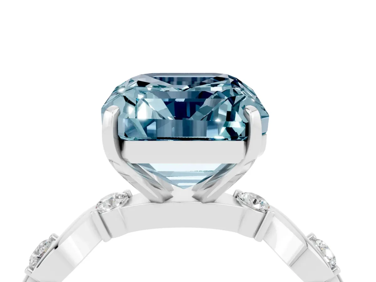Emerald Cut Aquamarine Solitaire Twisted Band with Round Accents and Prong Setting White gold