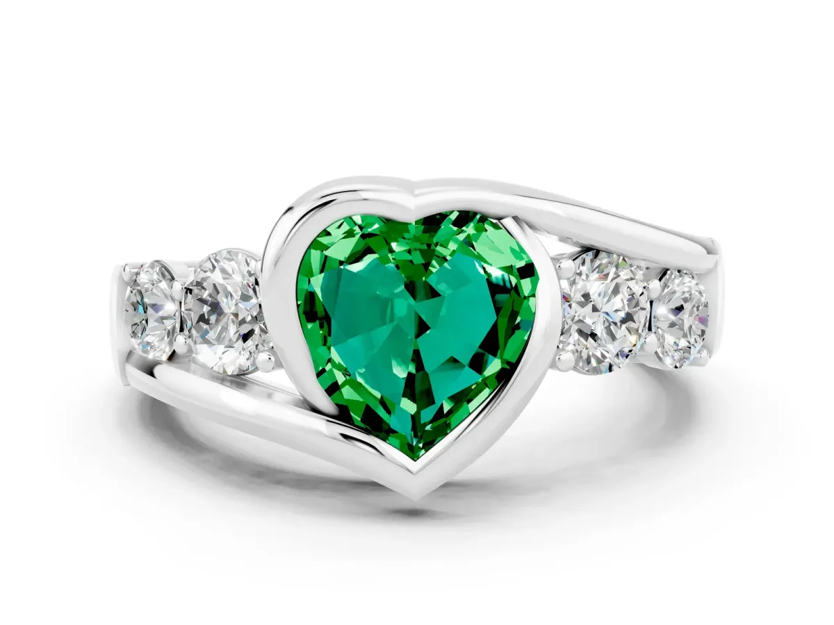 Bezel Set Heart Cut Emerald Bypass Ring with Round Accents Platinum