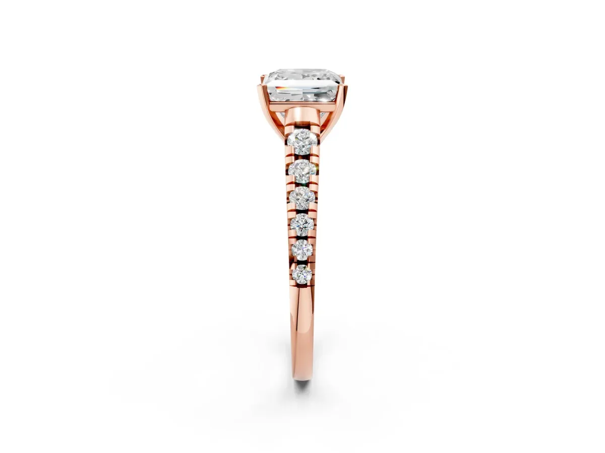 Princess Cut Diamond Cathedral Solitaire Ring with Round Moissanite Pavé Band Rose gold