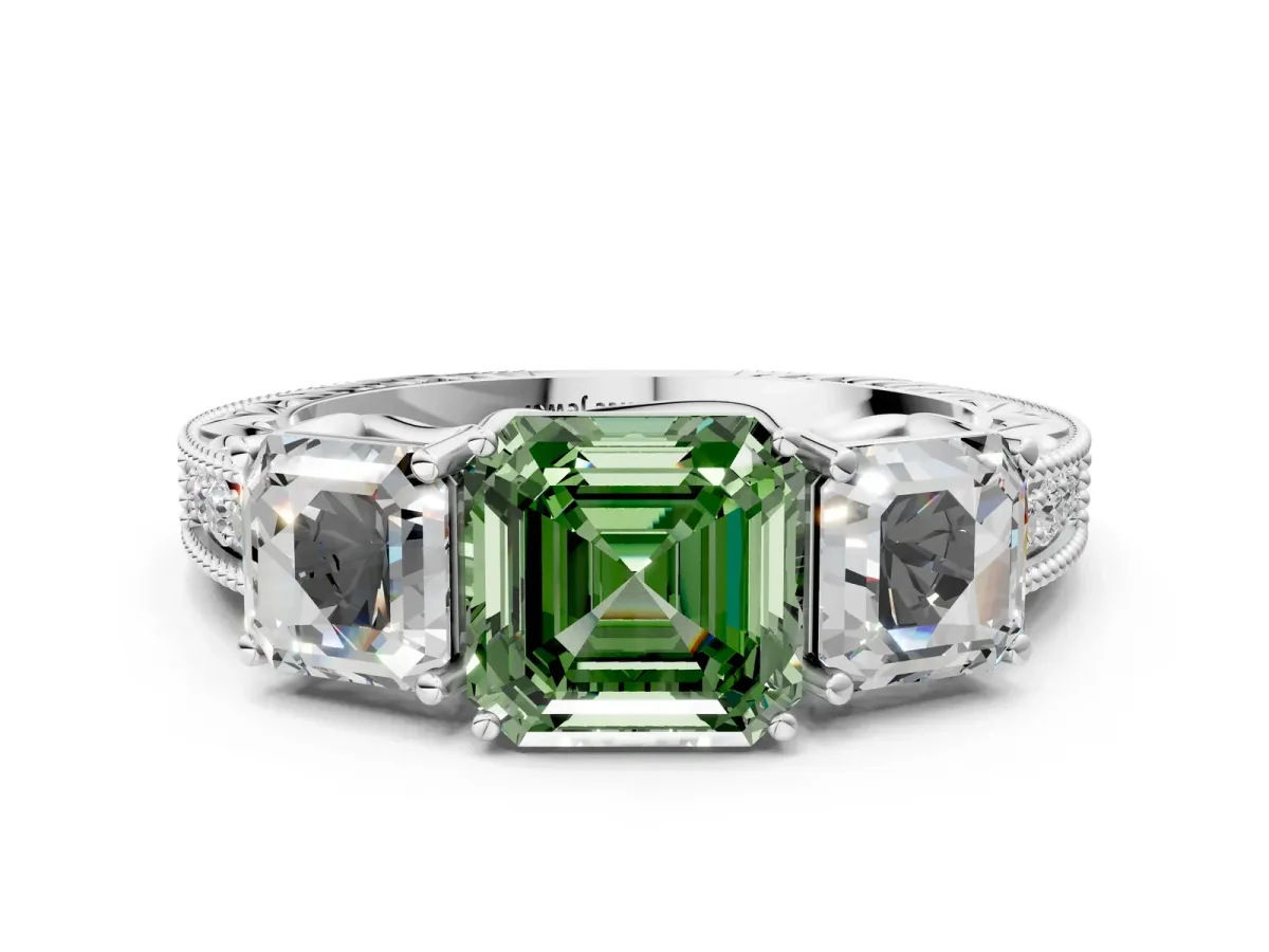 Fancy Green Three-Stone Asscher Cut Cut Milgrain Pavé Engagement Ring Platinum