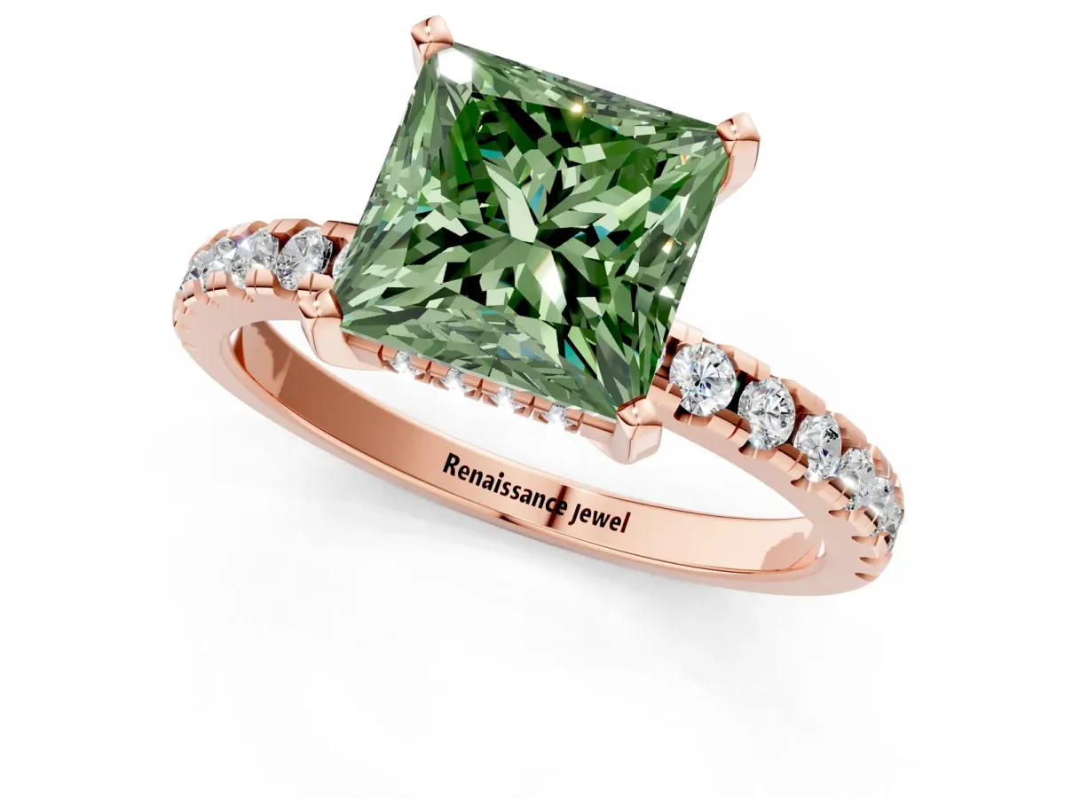 Fancy Green Princess Cut Diamond Solitaire Ring with Round Pavé Band and Four-Prong Setting Rose gold