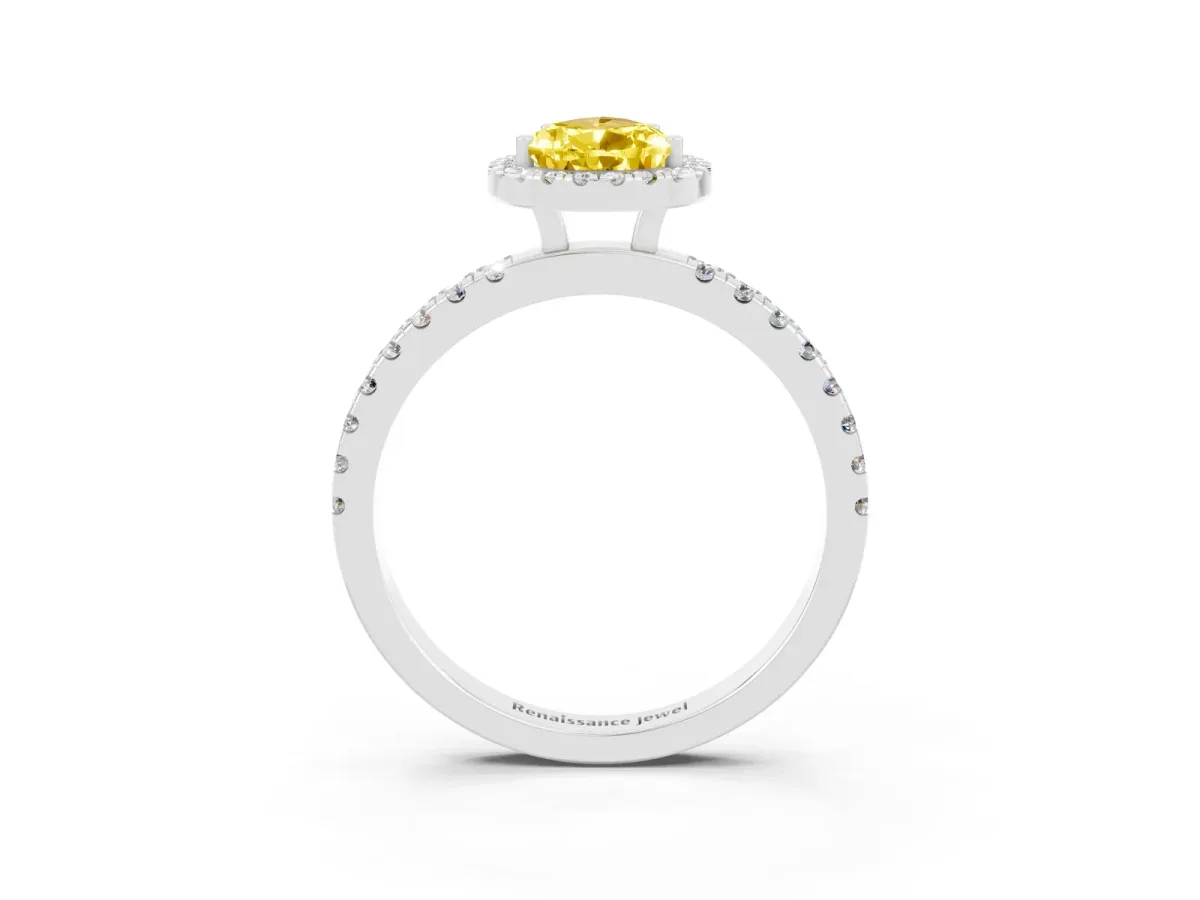 Pear Cut Yellow Sapphire Classic Halo Engagement Ring with Round Pavé Band and Prong Setting Silver